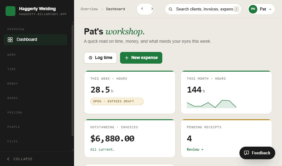 The billWright dashboard - this week's hours, this month's hours with a sparkline, outstanding invoices, and pending receipts.