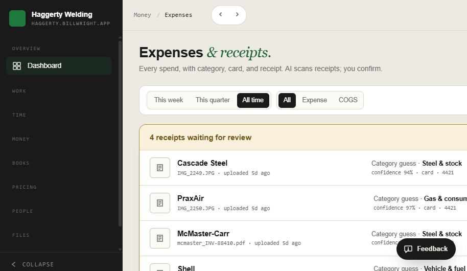 The Expenses screen: four receipts waiting for review, each with an AI category guess and a confidence percentage.