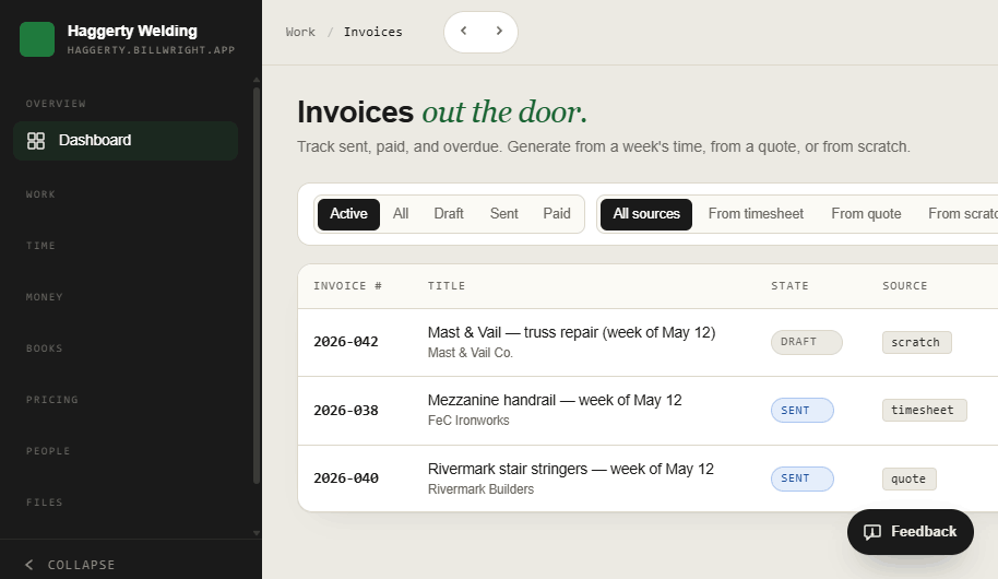 The Invoices screen showing invoices filtered by state and source, each tagged with where it came from - timesheet, quote, or scratch.