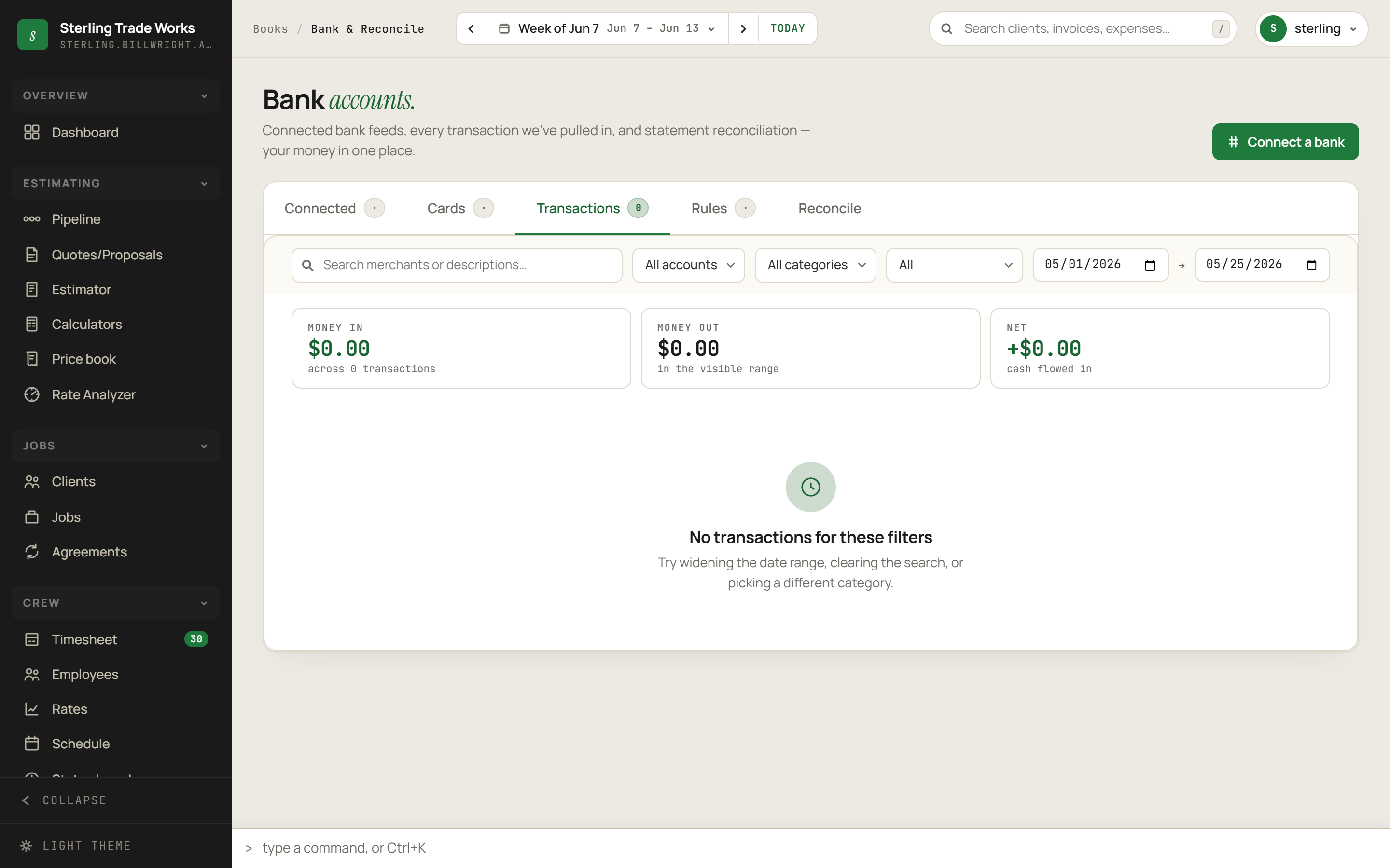 Bank and Reconcile screen in billWright
