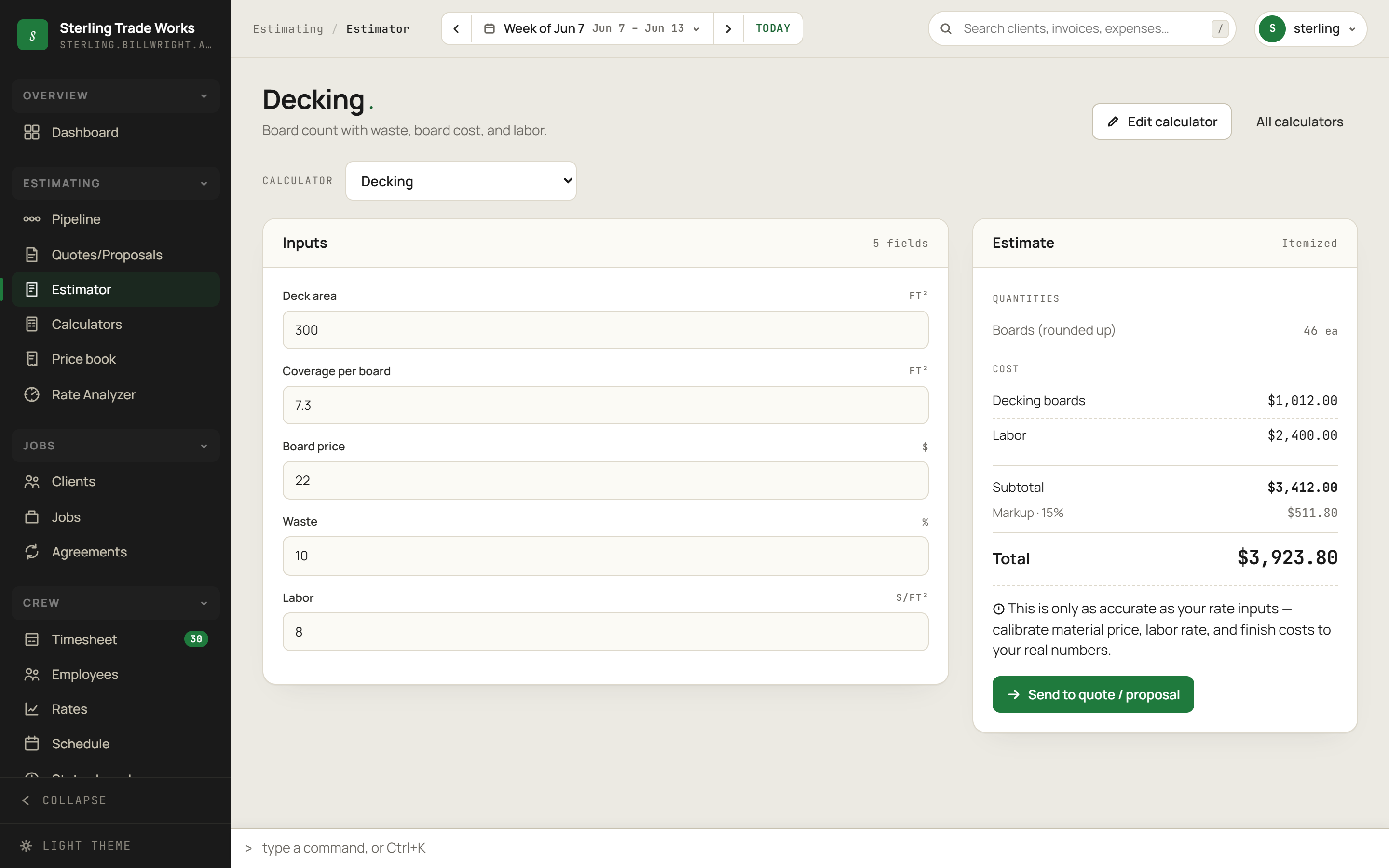 Estimate Calculator screen in billWright