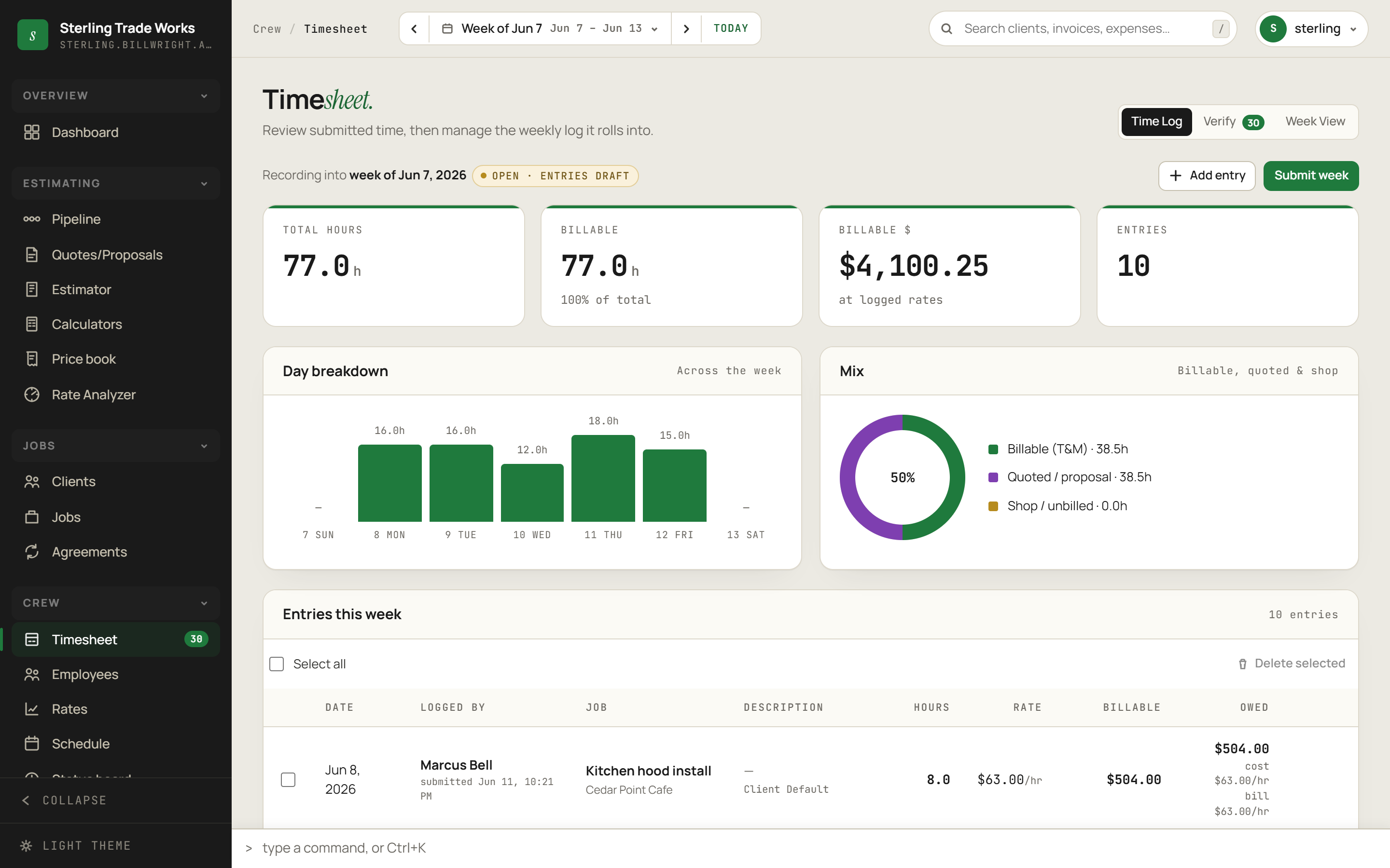 Timesheets screen in billWright